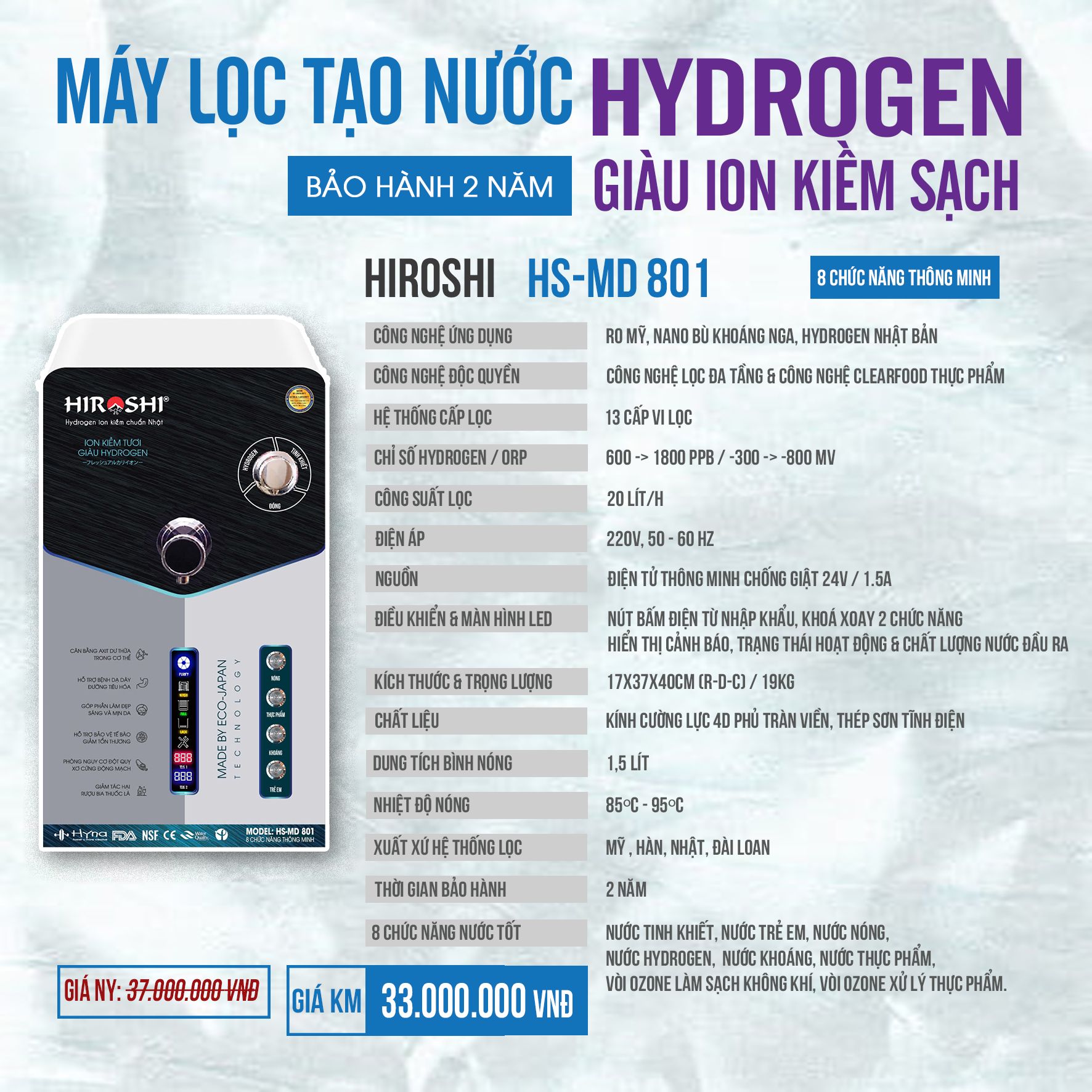 MÁY LỌC TẠO NƯỚC GIÀU HYDROGEN ION KIỀM TƯƠI HIROSHI  