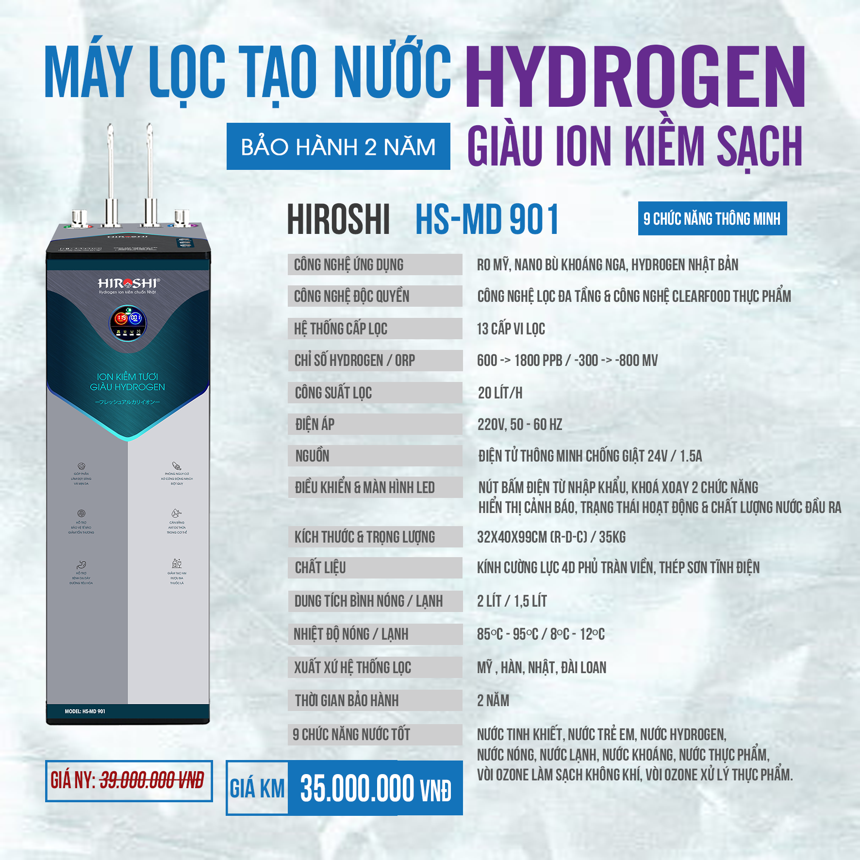 MÁY LỌC TẠO NƯỚC GIÀU HYDROGEN ION KIỀM TƯƠI HIROSHI